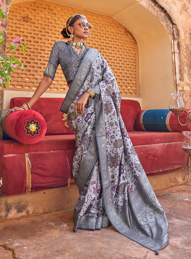 Light Grey Floral Print Silk Blend Saree