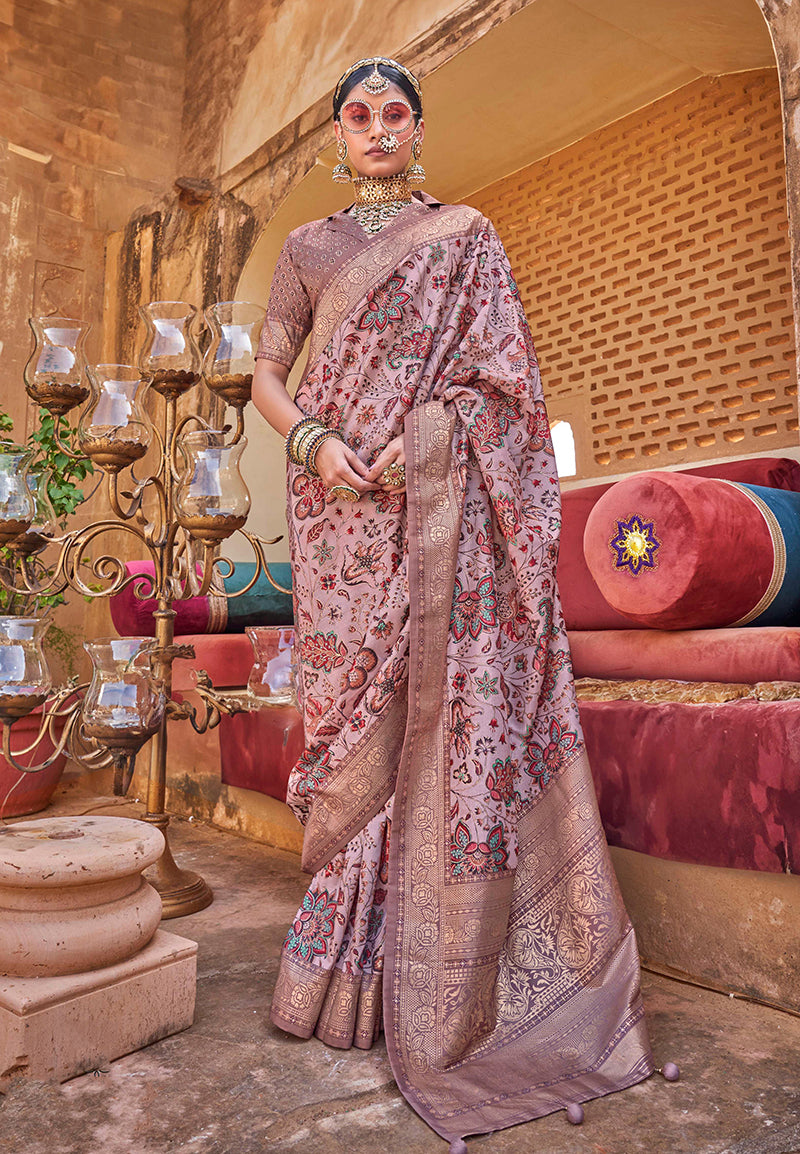 Dusty Pink Super Silk Floral Print Stunning Saree