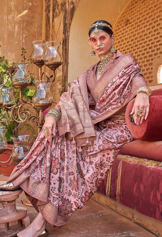 Dusty Pink Super Silk Floral Print Stunning Saree