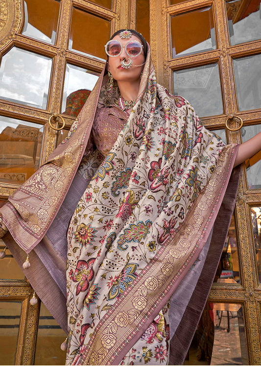 Cream Super Silk Floral Print Stunning Saree