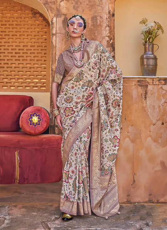 Cream Super Silk Floral Print Stunning Saree