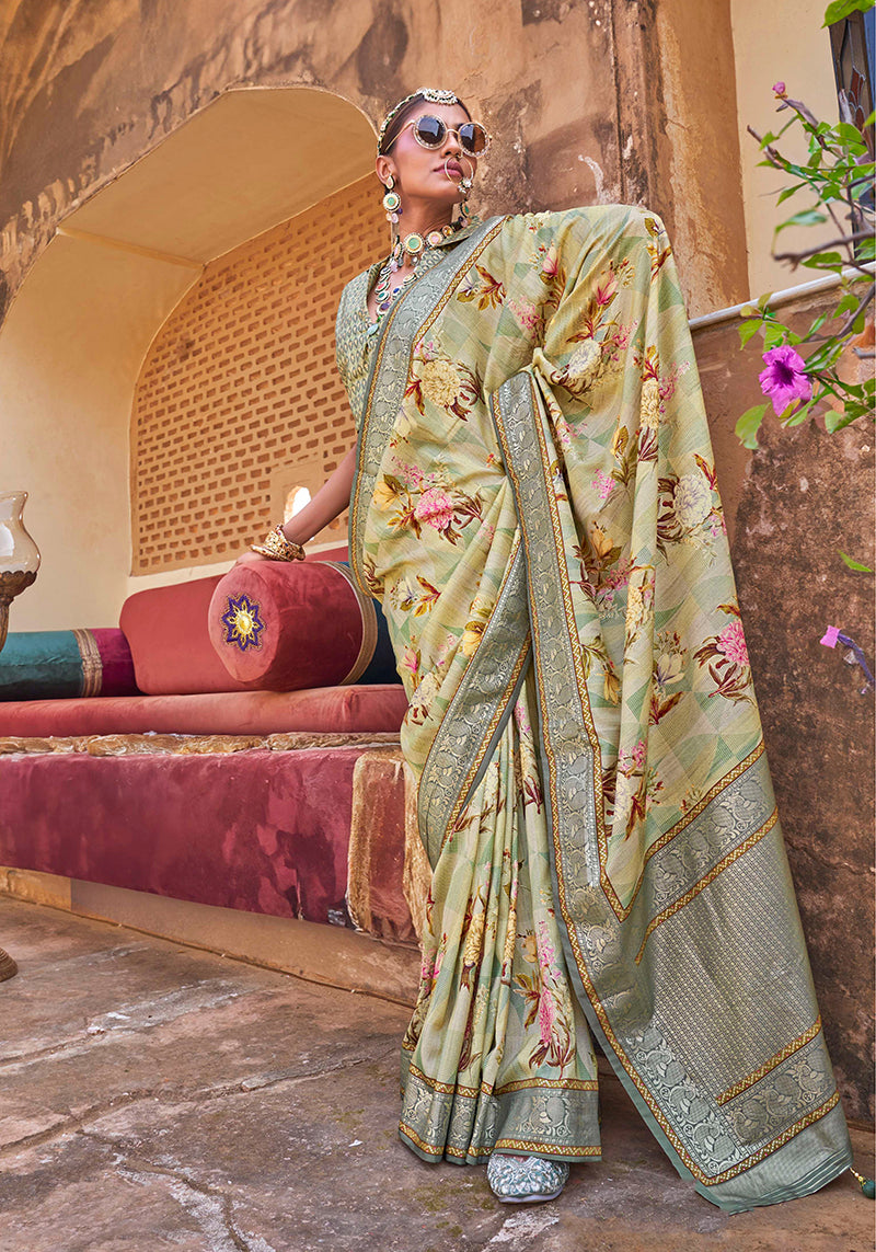 Light Green Super Silk Floral Print Stunning Saree With Tussled Pallu