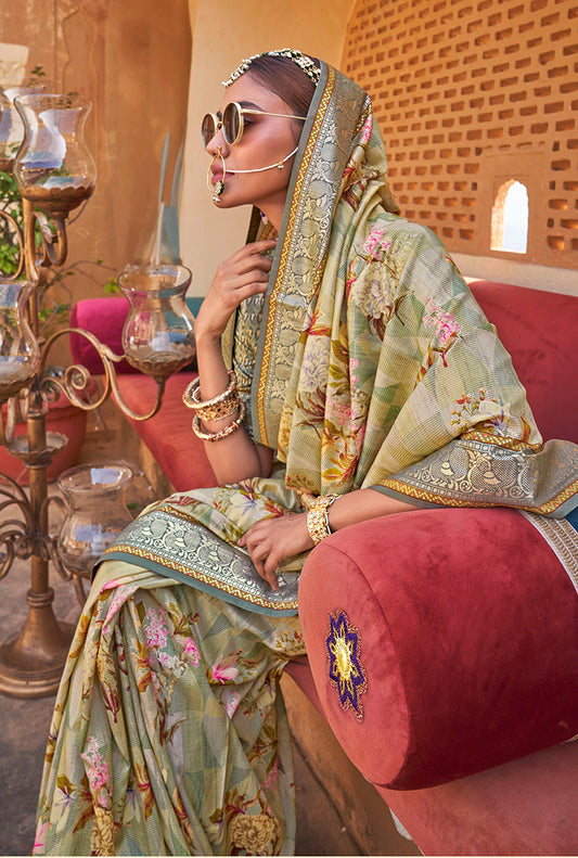 Light Green Super Silk Floral Print Stunning Saree With Tussled Pallu