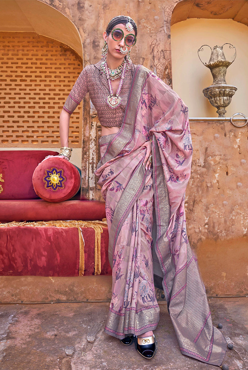 Pink Super Silk Floral Print Stunning Saree With Tussled Pallu