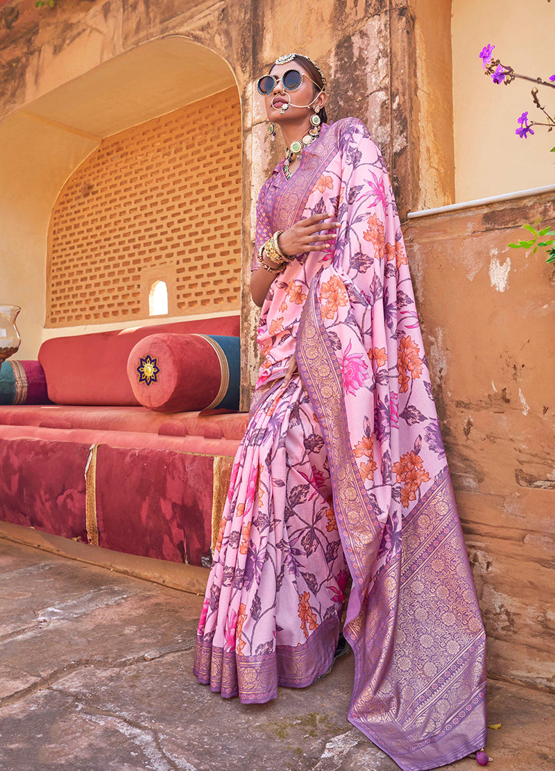 Light Pink Super Silk Floral Print Stunning Saree With Tussled Pallu