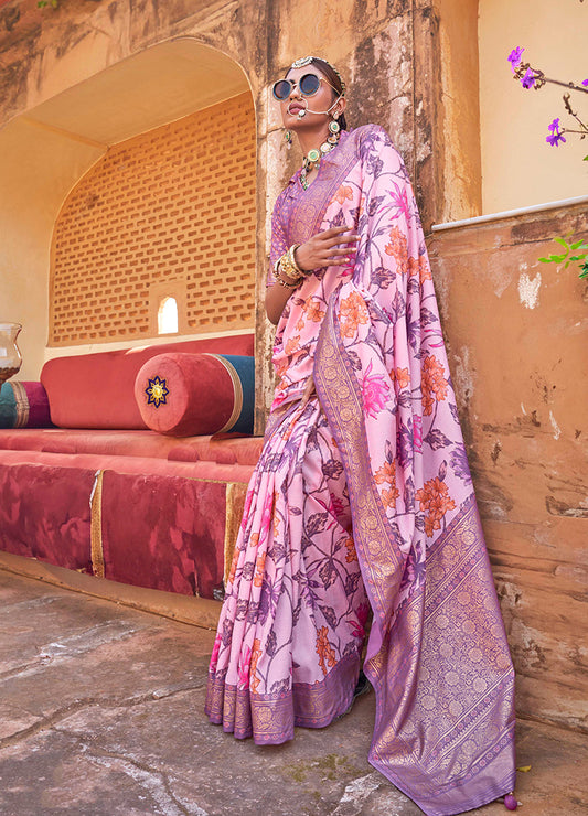 Light Pink Super Silk Floral Print Stunning Saree With Tussled Pallu