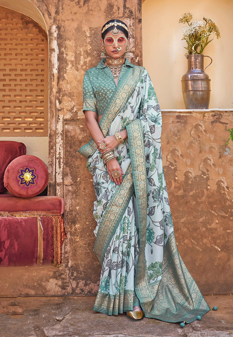 Irish Mint Super Silk Floral Print Stunning Saree With Tussled Pallu