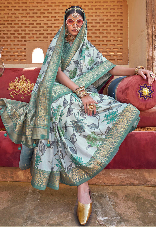 Irish Mint Super Silk Floral Print Stunning Saree With Tussled Pallu