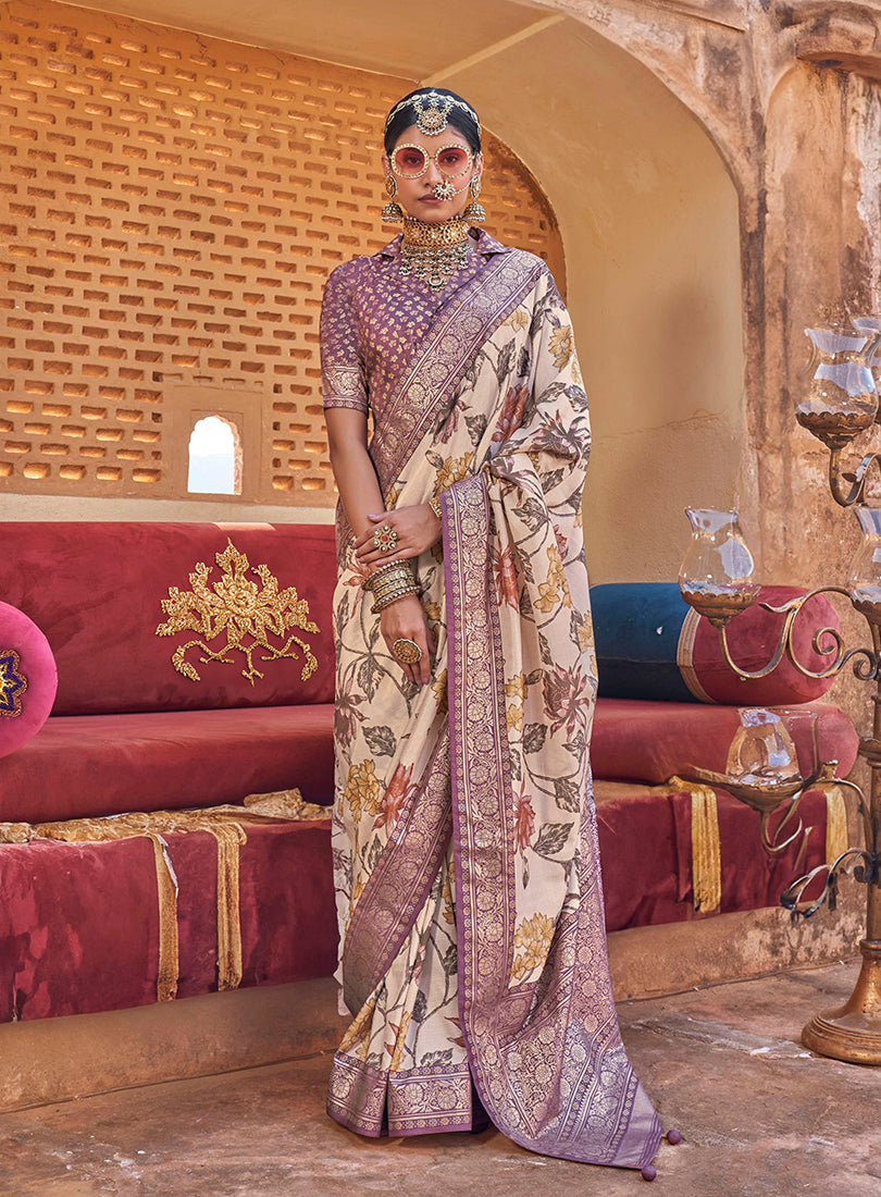 Light Peach Super Silk Floral Print Stunning Saree With Tussled Pallu