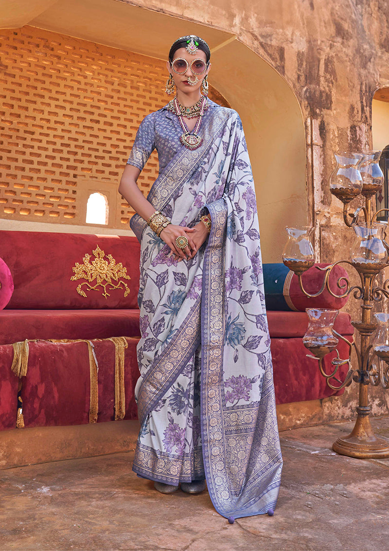 Light Lavender Super Silk Floral Print Stunning Saree With Tussled Pallu