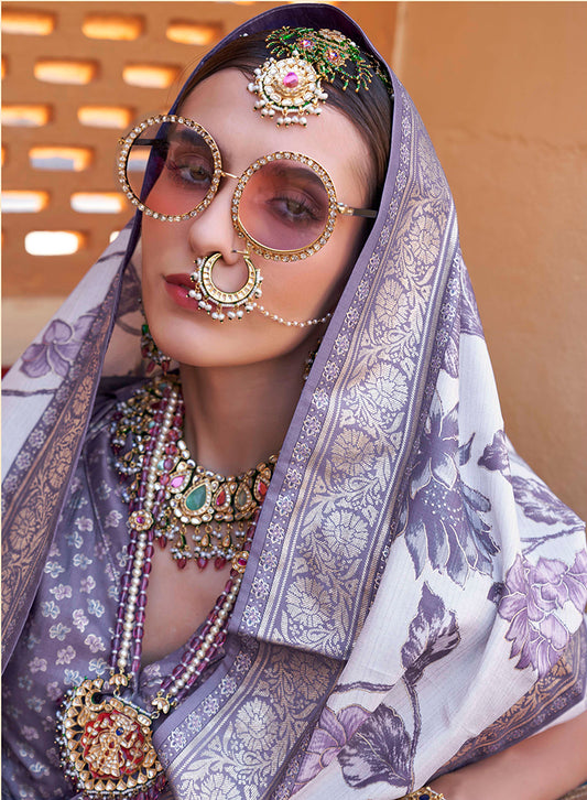Light Lavender Super Silk Floral Print Stunning Saree With Tussled Pallu