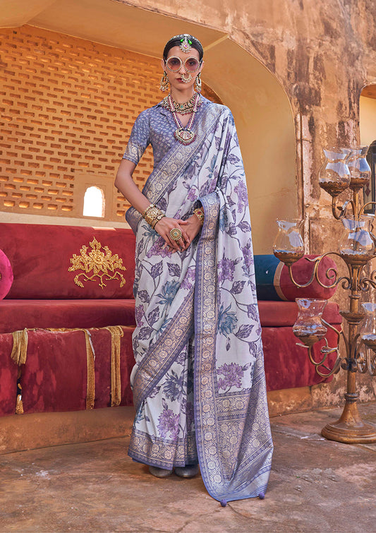 Light Lavender Super Silk Floral Print Stunning Saree With Tussled Pallu