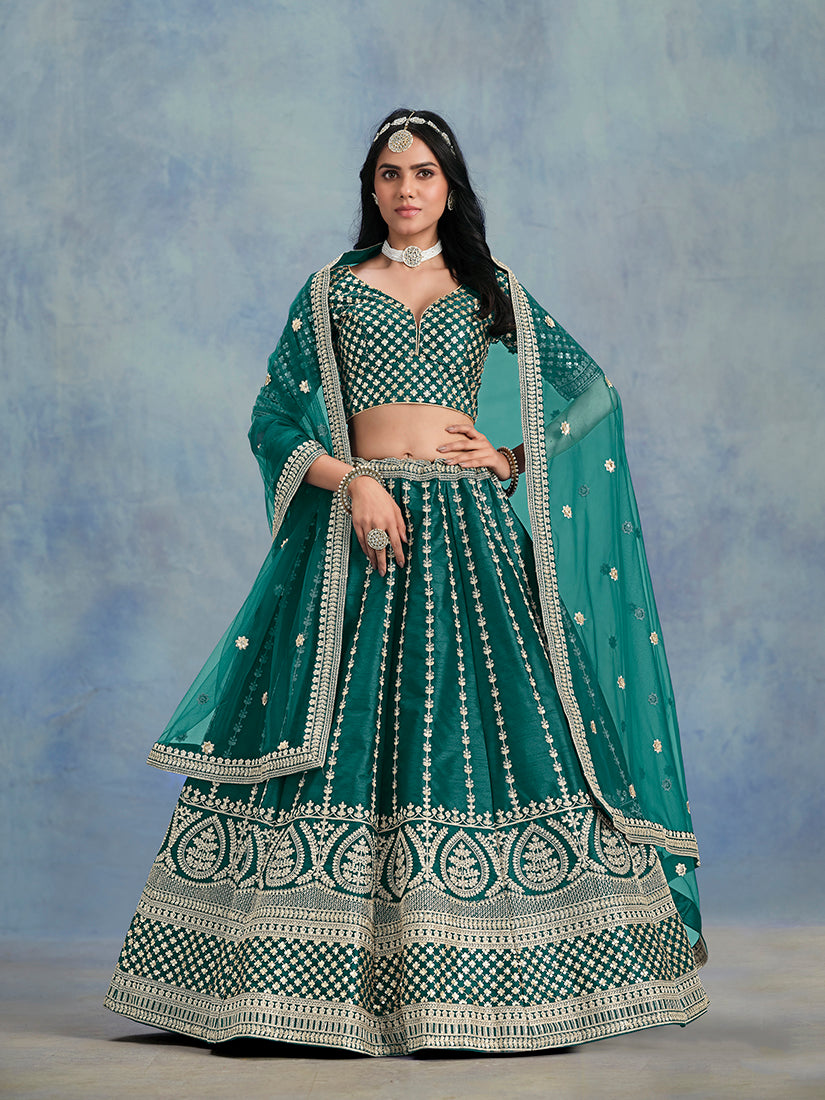 Dark Green Art Silk Thread Embroidered Lehenga Choli