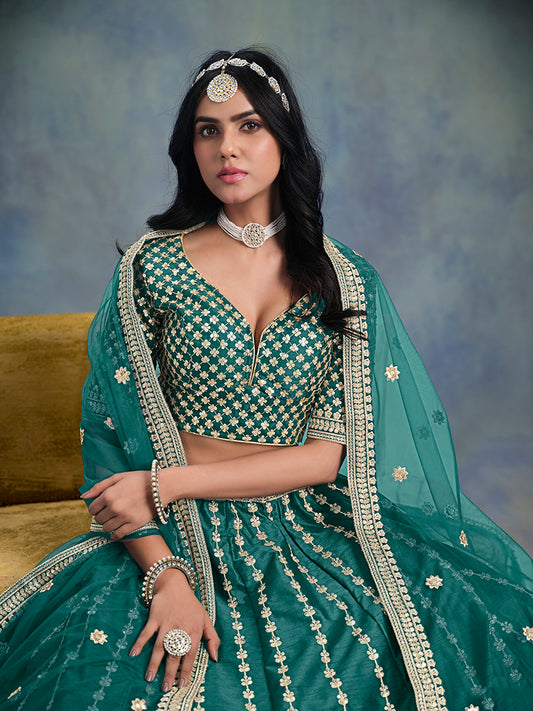 Dark Green Art Silk Thread Embroidered Lehenga Choli