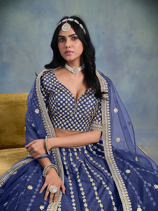 Blue Art Silk Thread Embroidered Lehenga Choli
