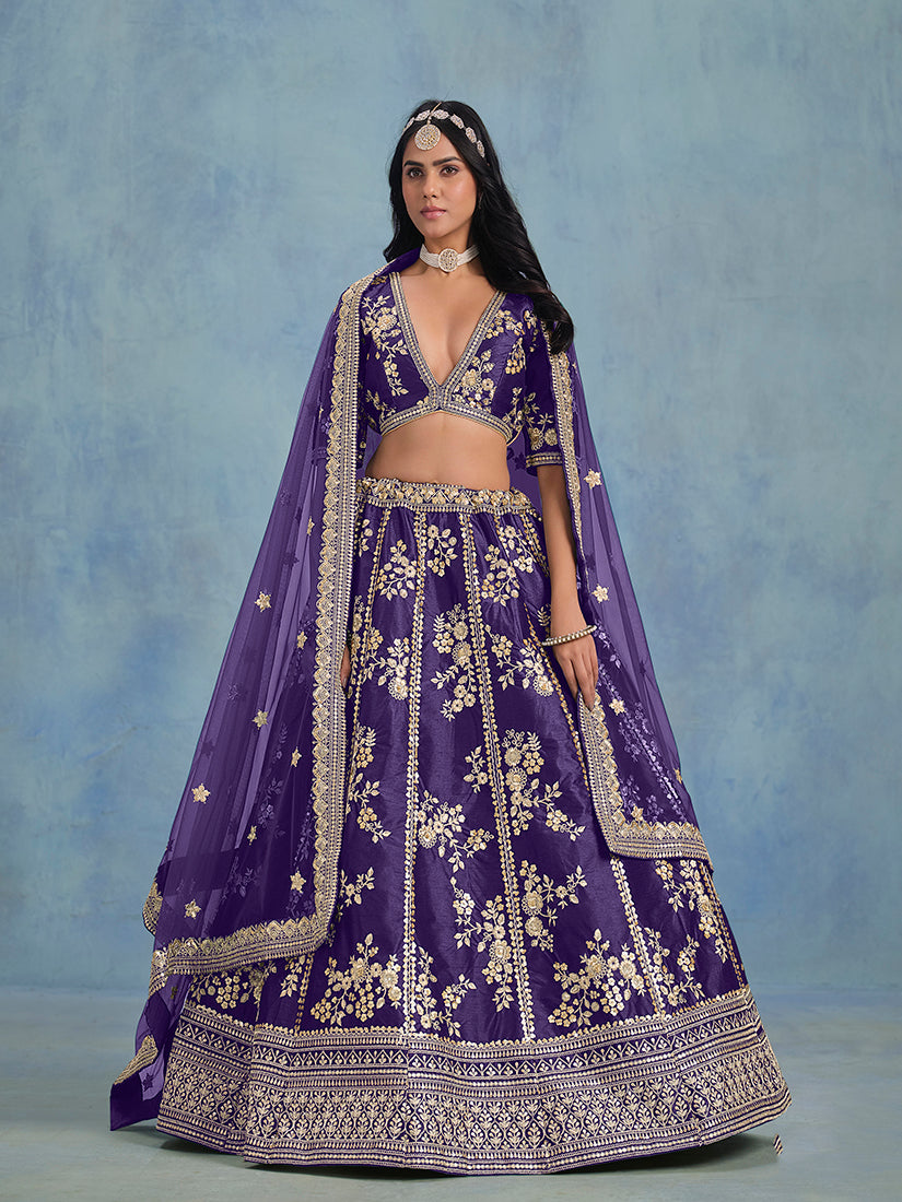 Blooming Purple Art Silk Thread Embroidered Wedding Wear Lehenga Choli