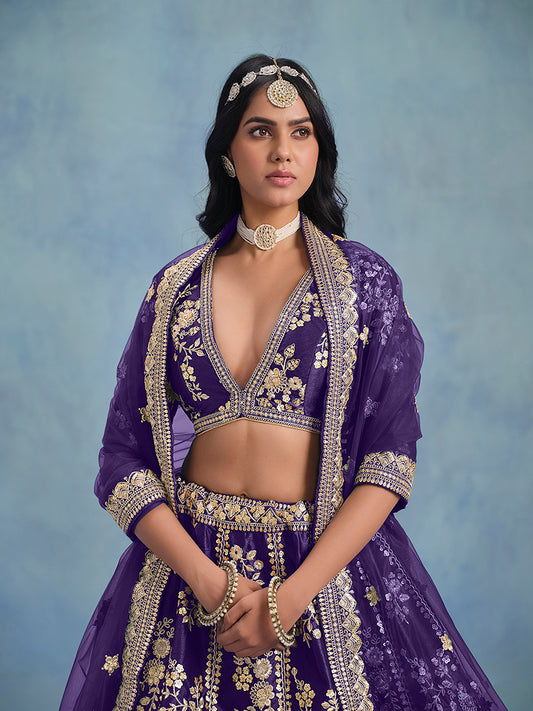 Blooming Purple Art Silk Thread Embroidered Wedding Wear Lehenga Choli