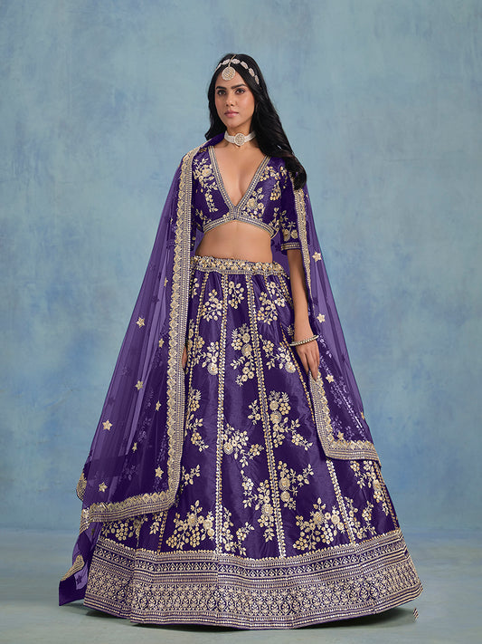 Blooming Purple Art Silk Thread Embroidered Wedding Wear Lehenga Choli