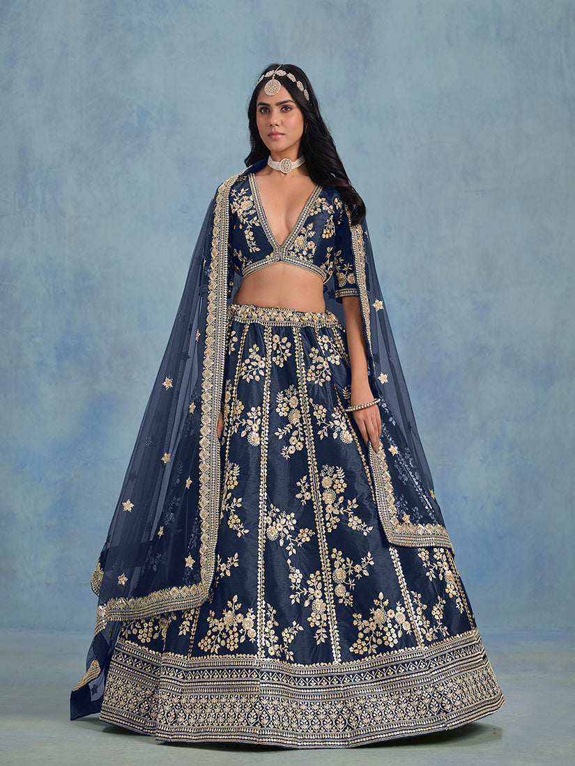 Navy blue Art Silk Thread Embroidered Wedding Wear Lehenga Choli