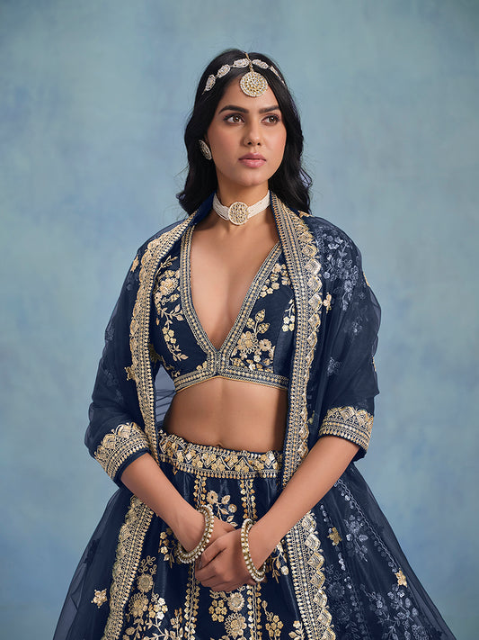 Navy blue Art Silk Thread Embroidered Wedding Wear Lehenga Choli