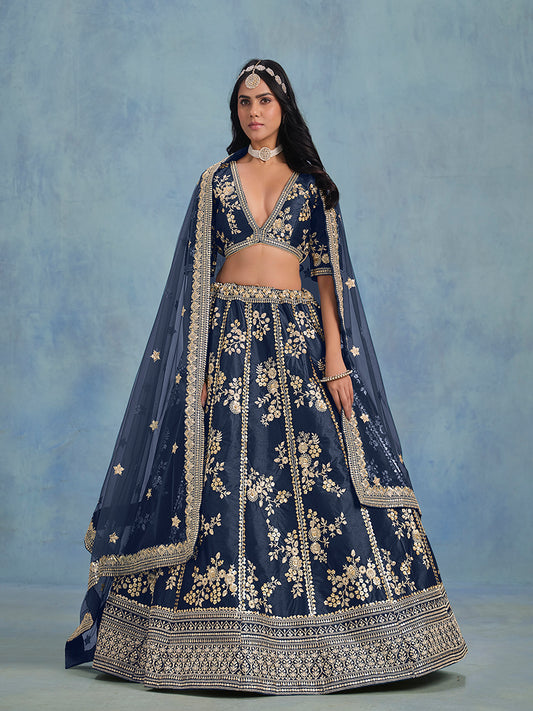 Navy blue Art Silk Thread Embroidered Wedding Wear Lehenga Choli