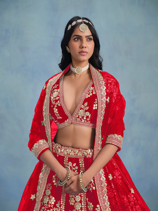 Red Art Silk Thread Embroidered Wedding Wear Lehenga Choli