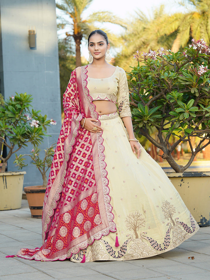 Cream Viscose Embroidered Lehenga Choli With Bandhani Dupatta
