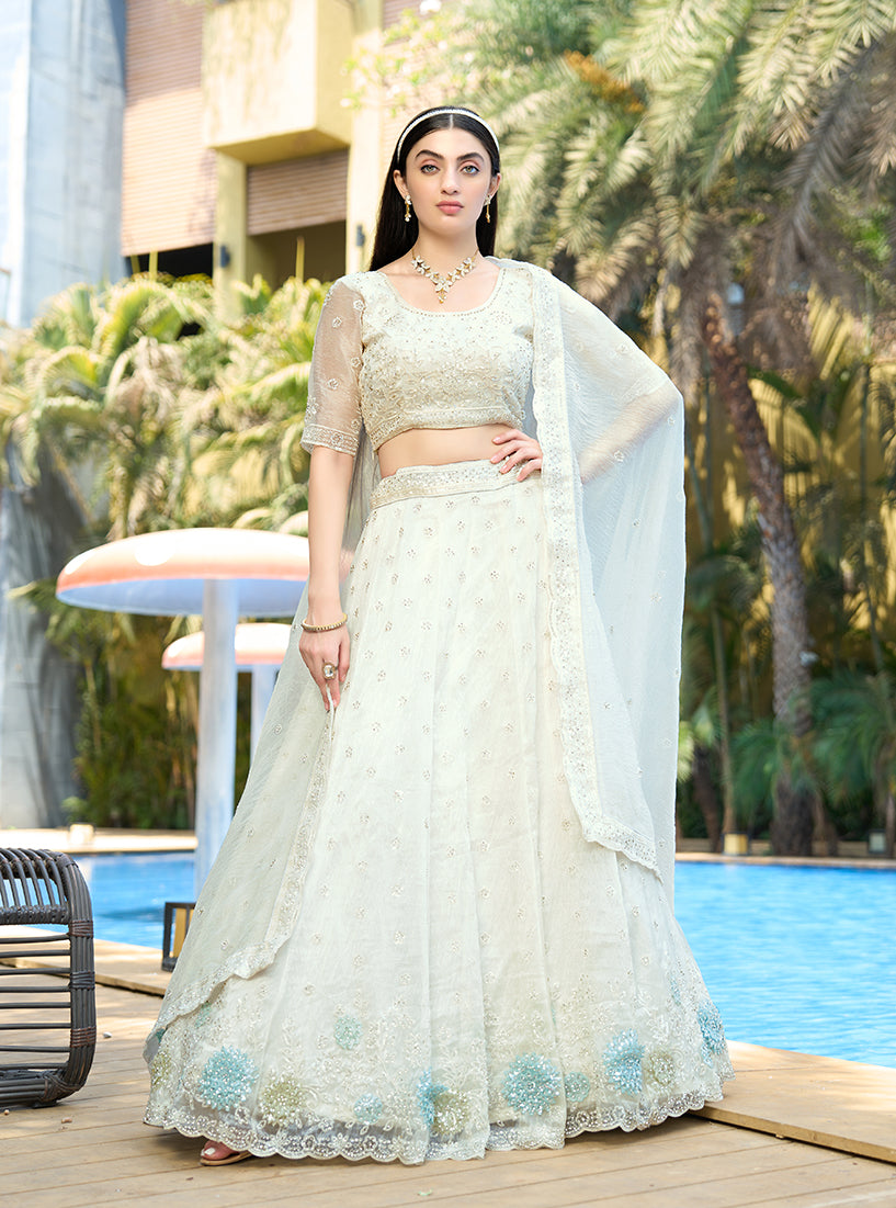 Organza White Zarkan Sequins Work Trendy Lehenga Choli