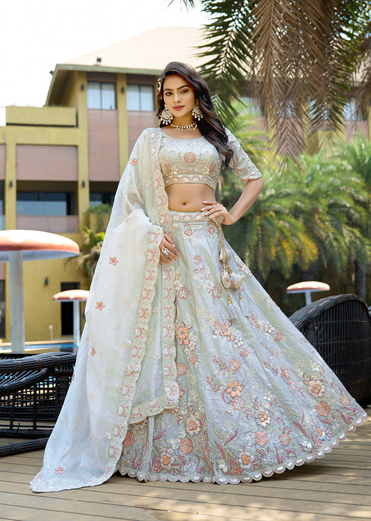 Light Grey Fendy Silk Reception Wear Lehenga Choli