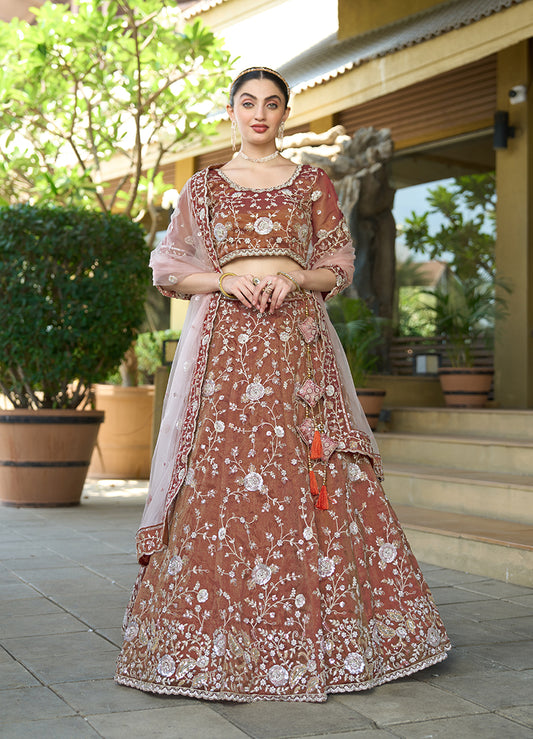 Brown Embroidered Cosmos Tissue Wedding Lehenga Choli