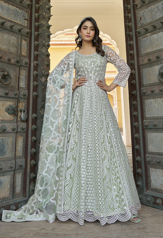 Light Grey Butterfly Net Embroidered Reception Wear Anarkali Gown