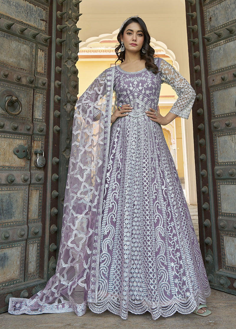 Lavender Butterfly Net Embroidered Reception Wear Anarkali Gown