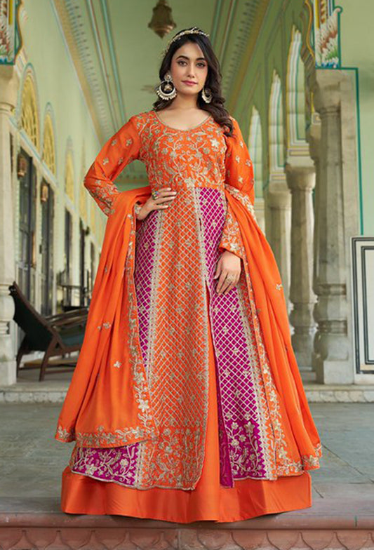 Orange And Pink Chinon  Anarkali With Lehenga Style Suit