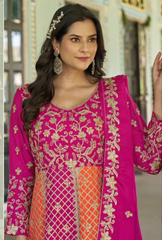 Pink And Orange Chinon  Reception Wear Anarkali Suit
