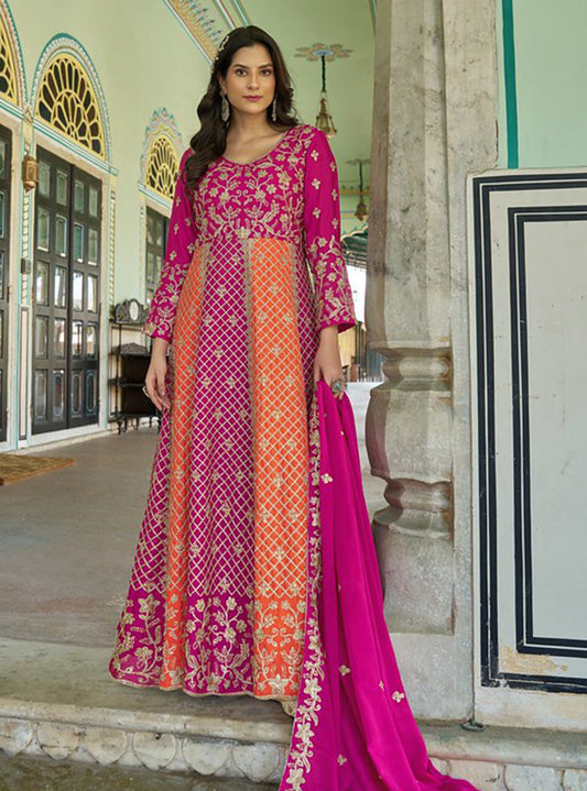 Pink And Orange Chinon  Reception Wear Anarkali Suit