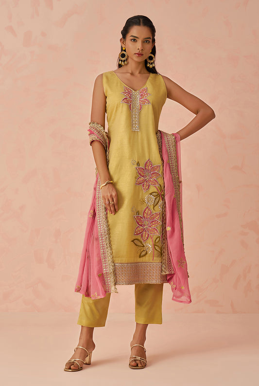 Light Yellow Fancy Crush Readymade Kurta Bottom With Beautifully Dupatta