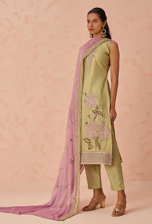 Olive Fancy Crush Readymade Kurta Bottom With Beautifully Dupatta