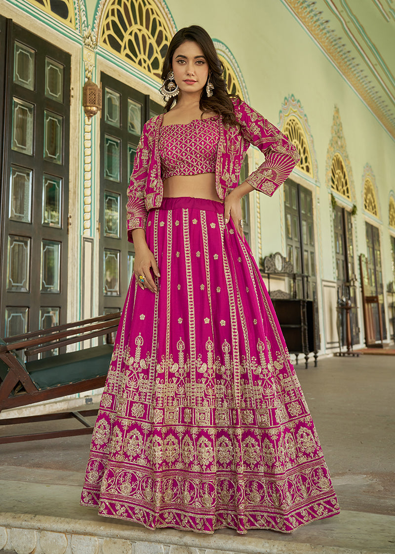 Magenta Chinnon Heavy Embroidered Koti Style Lehenga Choli