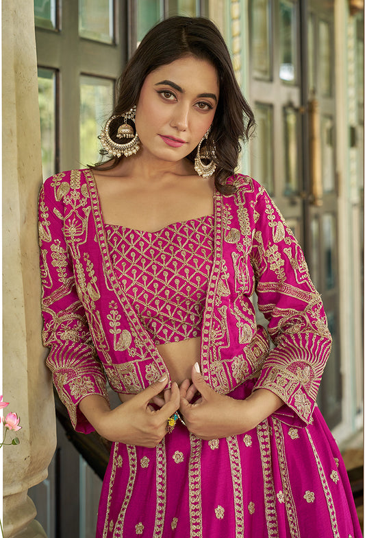 Magenta Chinnon Heavy Embroidered Koti Style Lehenga Choli