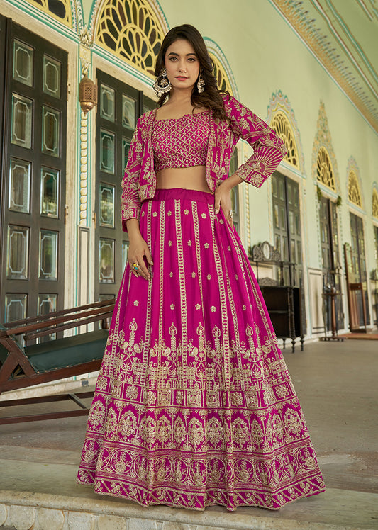 Magenta Chinnon Heavy Embroidered Koti Style Lehenga Choli
