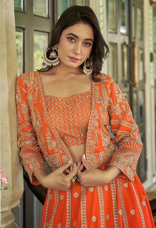 Orange Chinnon Heavy Embroidered Koti Style Lehenga Choli