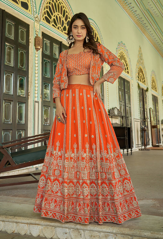Orange Chinnon Heavy Embroidered Koti Style Lehenga Choli