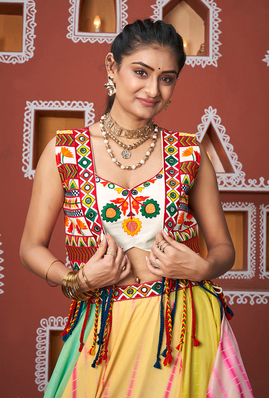 Multicolor Poly Maska Silk Readymade Koti Style Lehenga