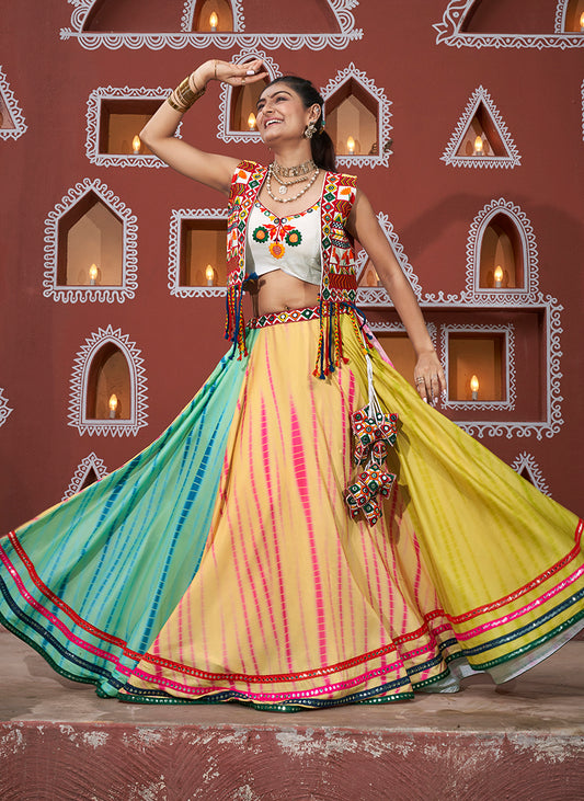 Multicolor Poly Maska Silk Readymade Koti Style Lehenga