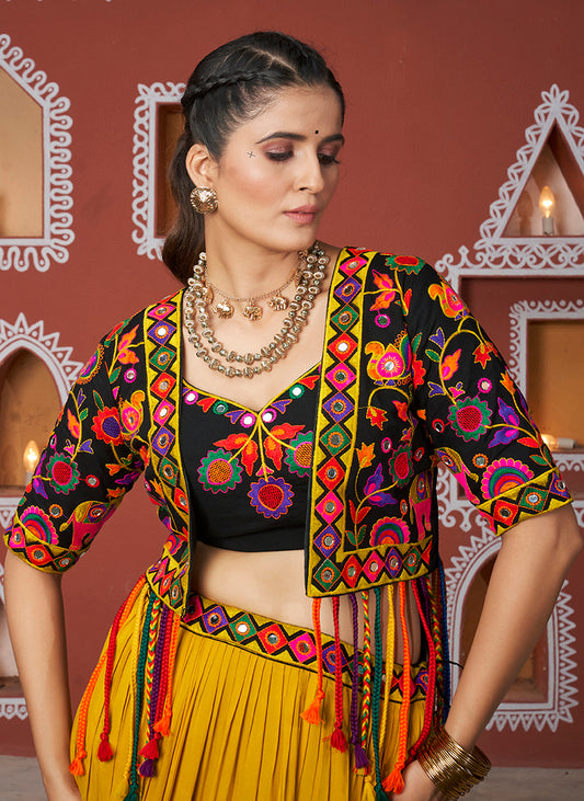 Black and Mustard Rayon Readymade Koti Style Lehenga