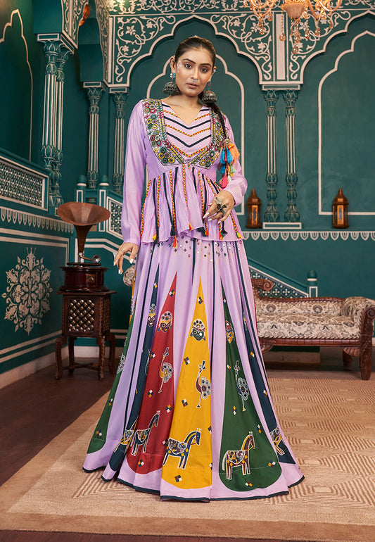 Lavender Poly Maska Silk Koti Style Lehenga For Navratri Style