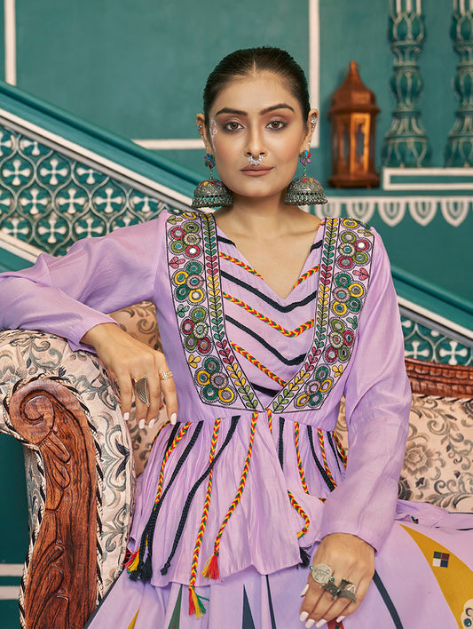 Lavender Poly Maska Silk Koti Style Lehenga For Navratri Style