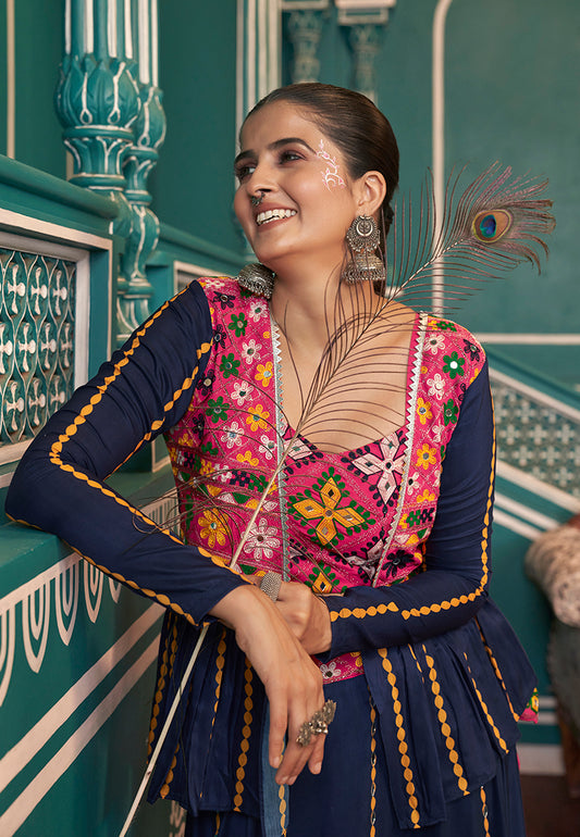 Navy blue Maska Silk Koti Style Lehenga For Navratri Style