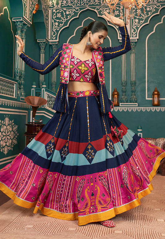 Navy blue Maska Silk Koti Style Lehenga For Navratri Style