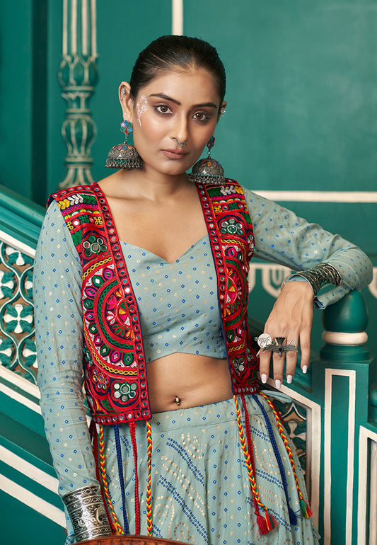 Pista Green Viscose Rayon Koti Style Lehenga For Navratri Style